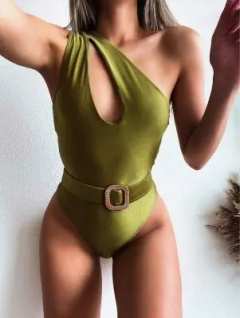 Оливковый купальник на одно плечо 0444